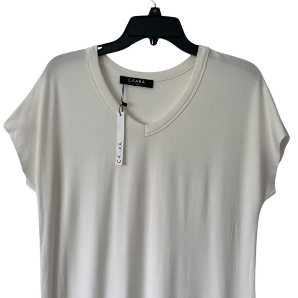 Caara S White V-Neck Short Sleeve Midi T-Shirt Shift Dress Side Slit Relaxed - Picture 3 of 6